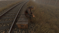A Kinsman seated by the train tracks