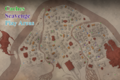 A map of the Town from Pathologic 2 with Caches, play areas, and outdoor loot-able furniture locations marked.
